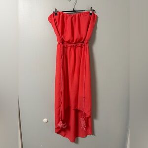 Love J coral strapless high low maxi Dress feather braided belt juniors L